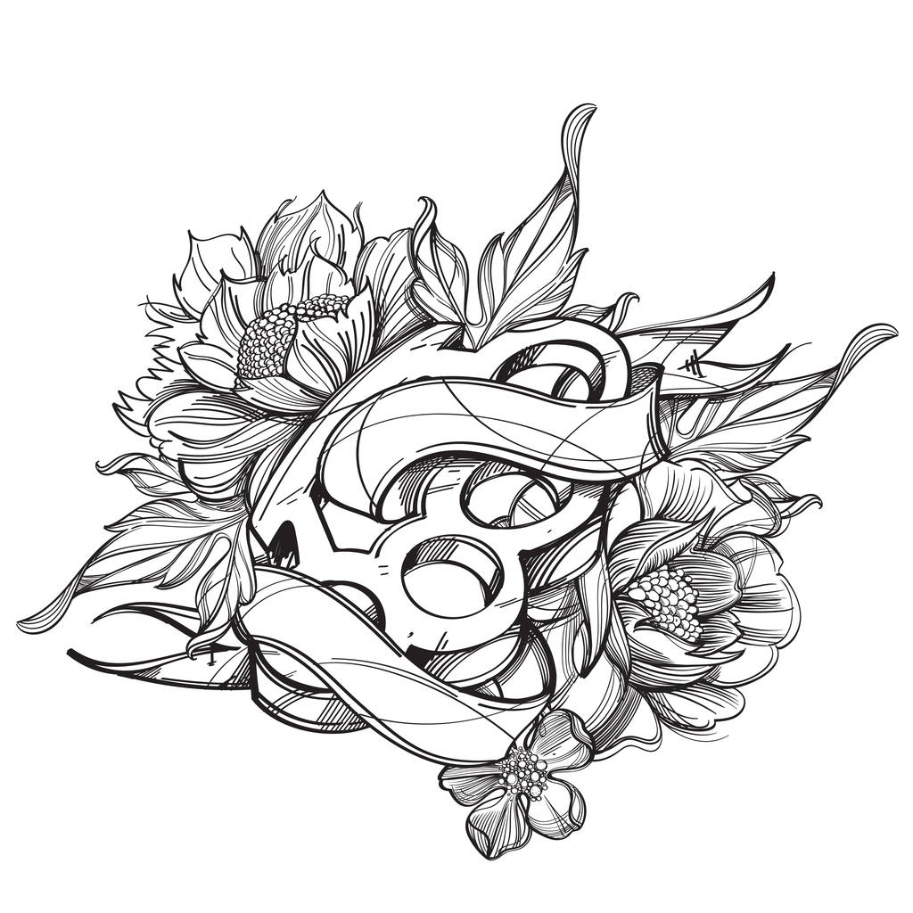 Латунна ковдра, стрічковий банер та креслення контуру троянд для розфарбування або татуювання
. - Вектор, зображення