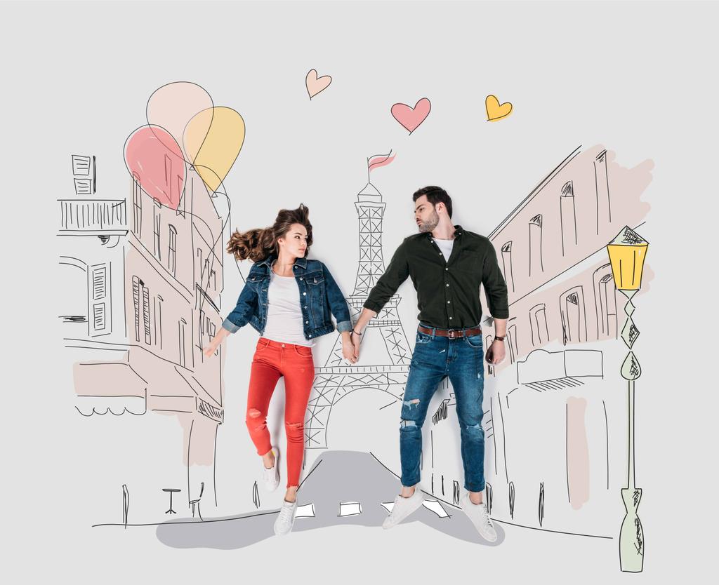 創造的な手は、パリのストリートで歩くカップルでコラージュを描画 - 写真・画像