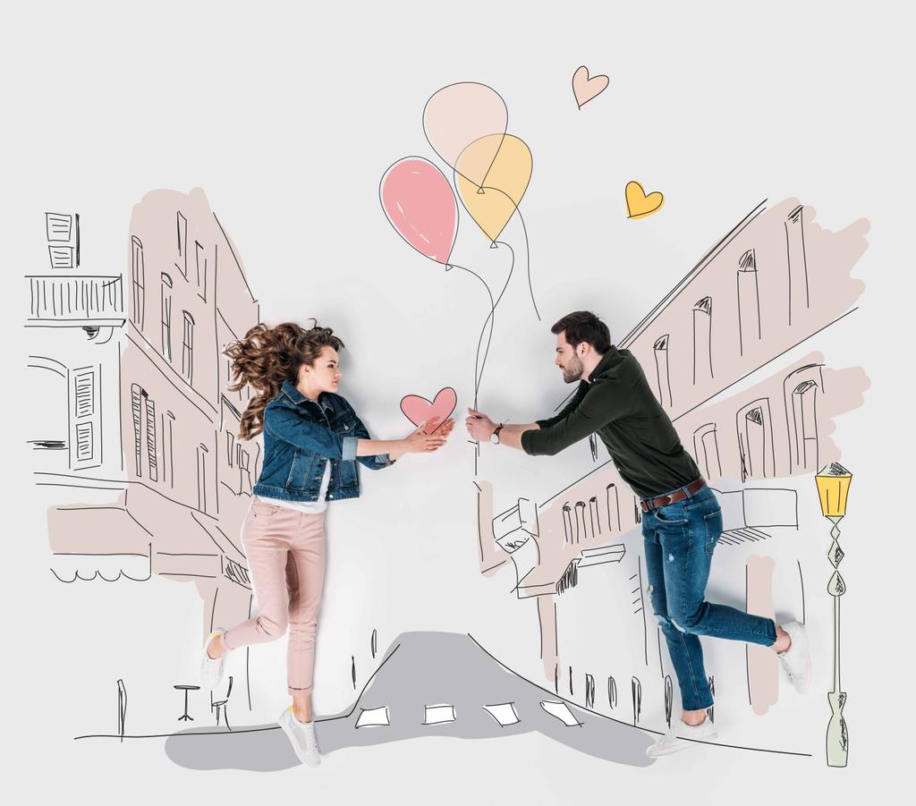 collage dibujado a mano creativo con pareja que presenta regalos de San Valentín el uno al otro
 - Foto, imagen
