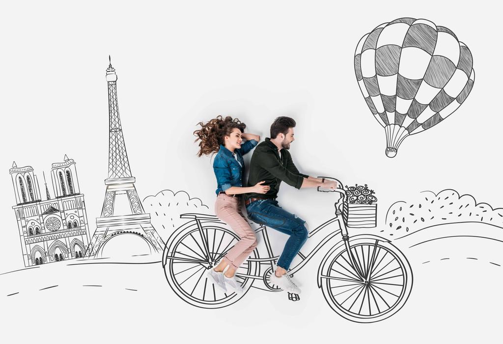 kreativní ruční nakreslena koláž s pár jízdě kole spolu v Paříži - Fotografie, Obrázek