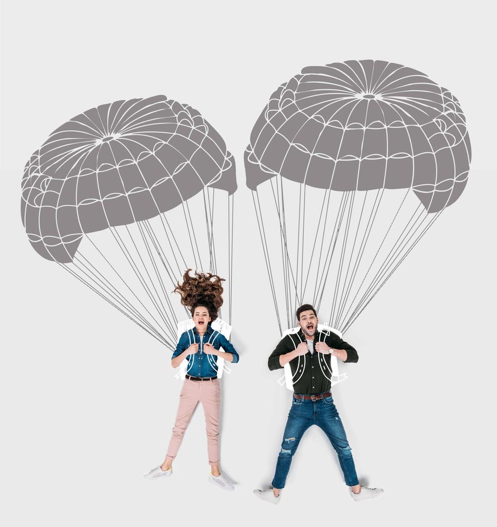 Kreative handgezeichnete Collage mit Fliegen mit Fallschirmen - Foto, Bild