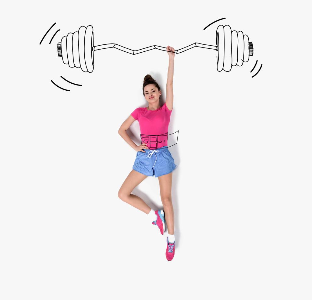 creative hand drawn collage with woman lifting barbell with one hand - Photo, Image