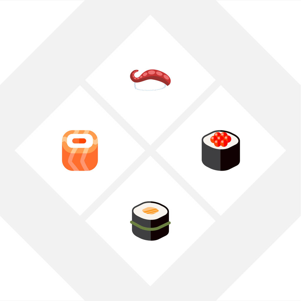 Ikona zestaw płaskie sashimi owoce, wyśmienity, jedzenia i innych obiektów wektorowych. Zawiera również elementy rolki sushi, łososia,. - Wektor, obraz