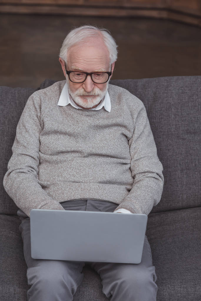 guapo hombre de pelo gris sentado en el sofá y el uso de ordenador portátil
 - Foto, Imagen