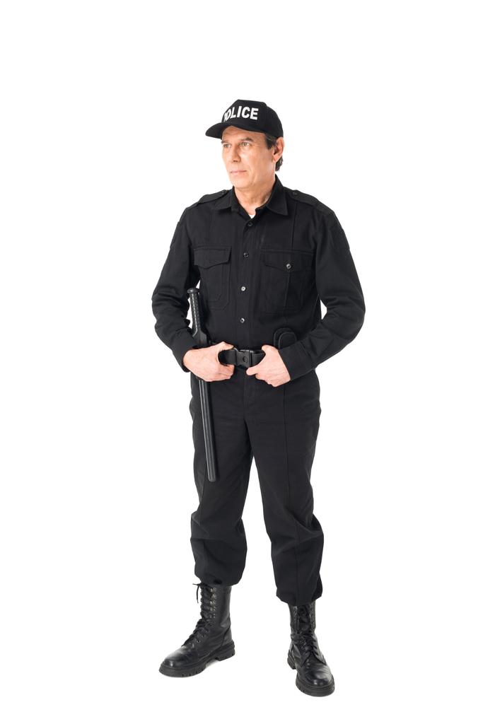 Jistý policista v uniformě držení pás izolované na bílém - Fotografie, Obrázek