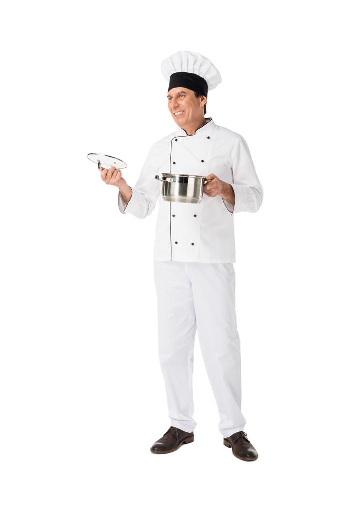 Професійний кухар тримає сковороду ізольовано на білому
 - Фото, зображення
