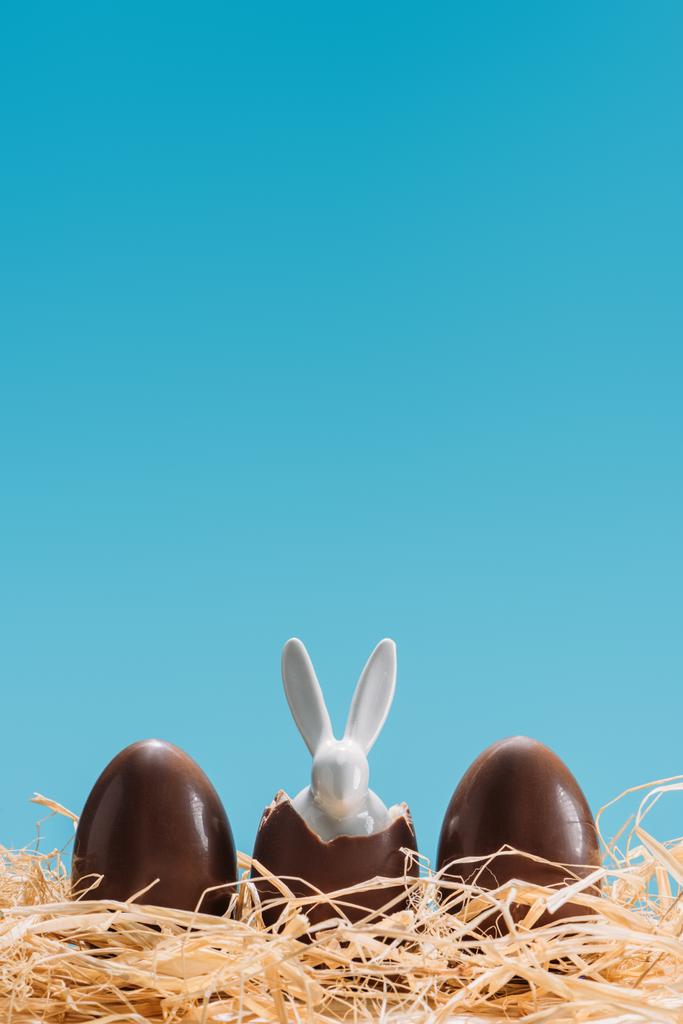 Lapin de Pâques dans des œufs en chocolat sur paille isolée sur bleu
 - Photo, image