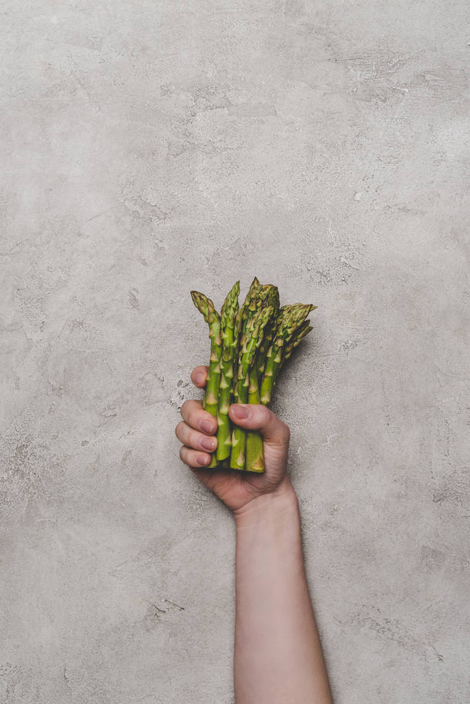 cropped shot of person holding fresh organic asparagus on grey  - Photo, Image