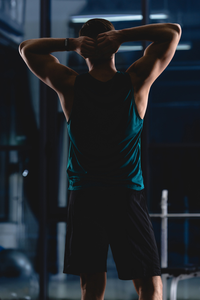 πίσω όψη του σιλουέτα της μυϊκής αθλητής στο γυμναστήριο - Φωτογραφία, εικόνα