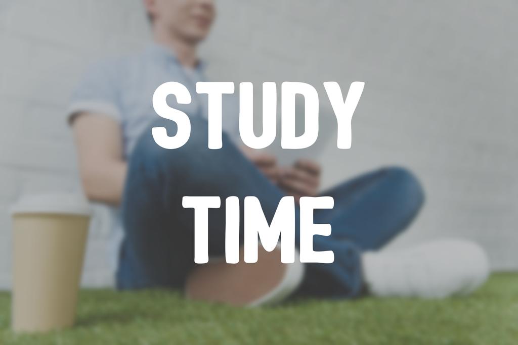 abgeschnittene Aufnahme eines jungen Mannes, der auf Gras sitzt und Tablette benutzt, Studienzeitinschrift - Foto, Bild