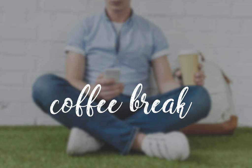 tiro cortado de jovem sentado na grama com smartphone e café para ir, inscrição coffee break
 - Foto, Imagem