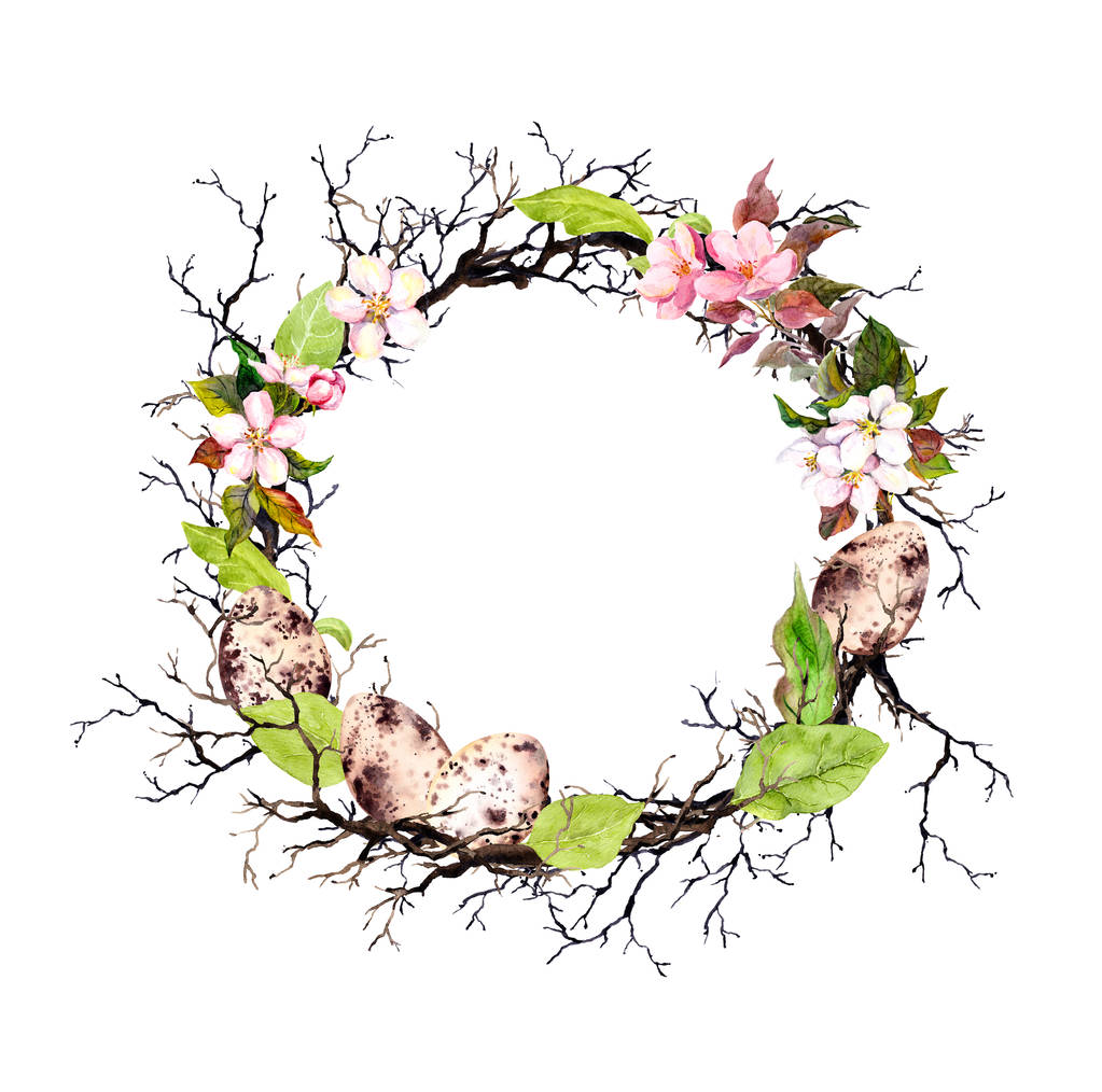Paaseieren, takken en bladeren van de lente. Bloemen krans voor Pasen. Aquarel cirkel grens - Foto, afbeelding