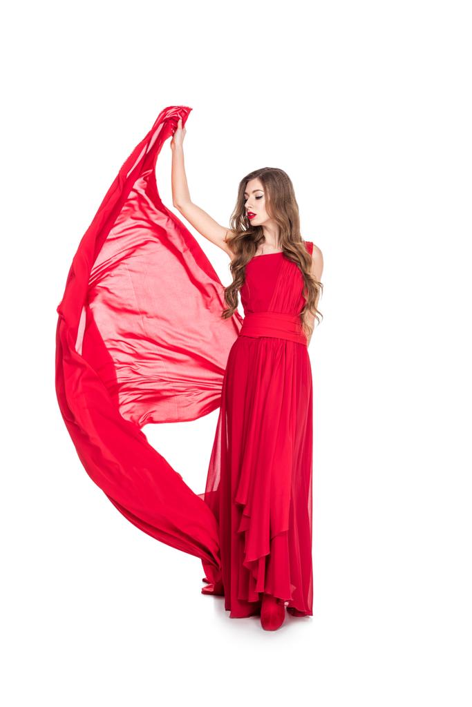 ragazza glamour posa in abito rosso con velo, isolato su bianco
 - Foto, immagini