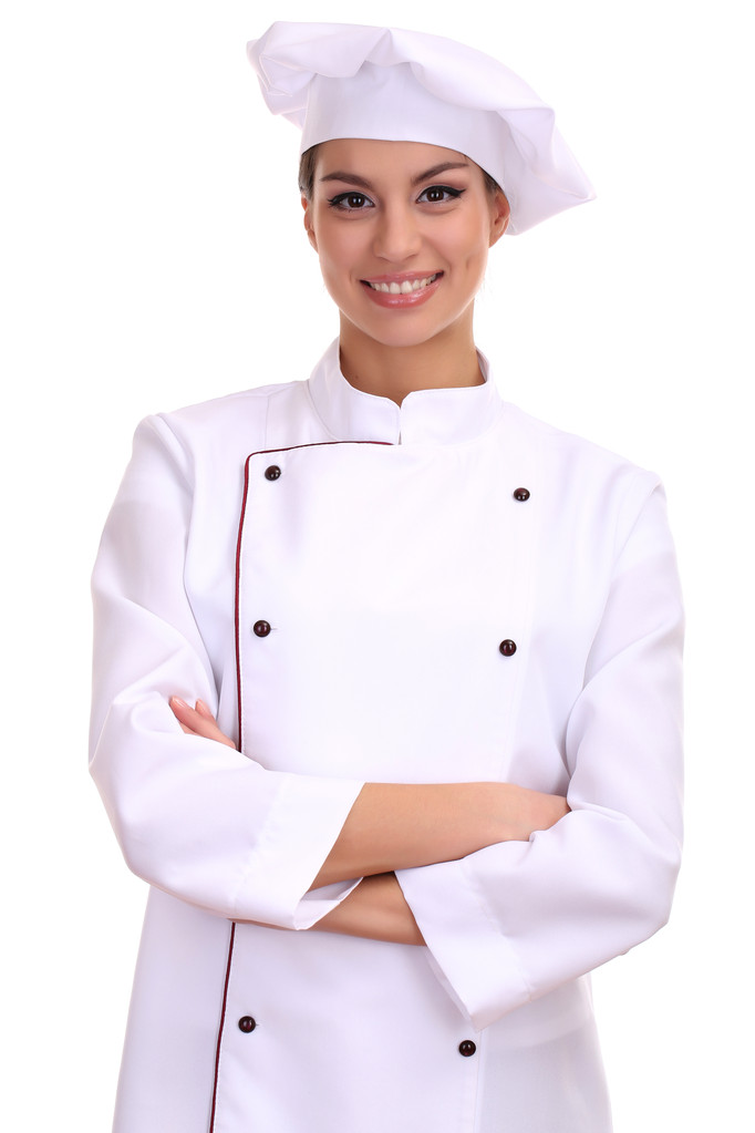 Muotokuva nuori nainen kokki eristetty valkoinen
 - Valokuva, kuva