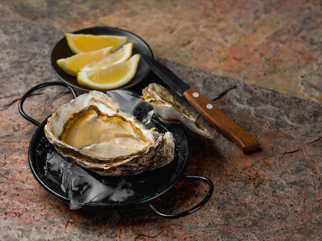 verse oesters in pan met ijs, plakjes citroen en mes  - Foto, afbeelding
