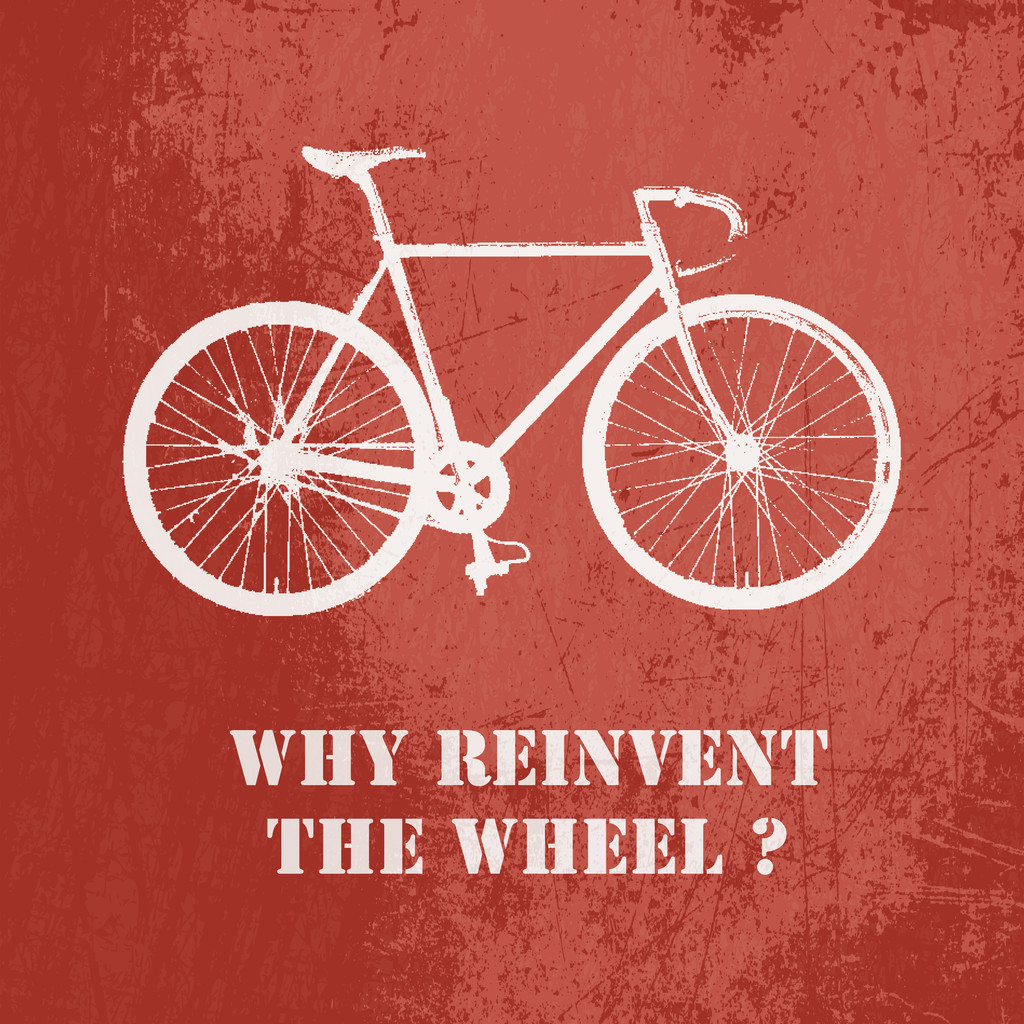 なぜ車輪の再発明？赤い背景の上の自転車と概念ベクトル イラスト - ベクター画像