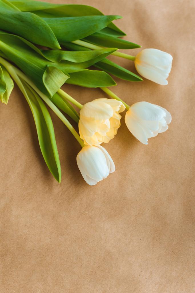 vista dall'alto di bei fiori di tulipano teneri con foglie verdi su carta artigianale
 - Foto, immagini