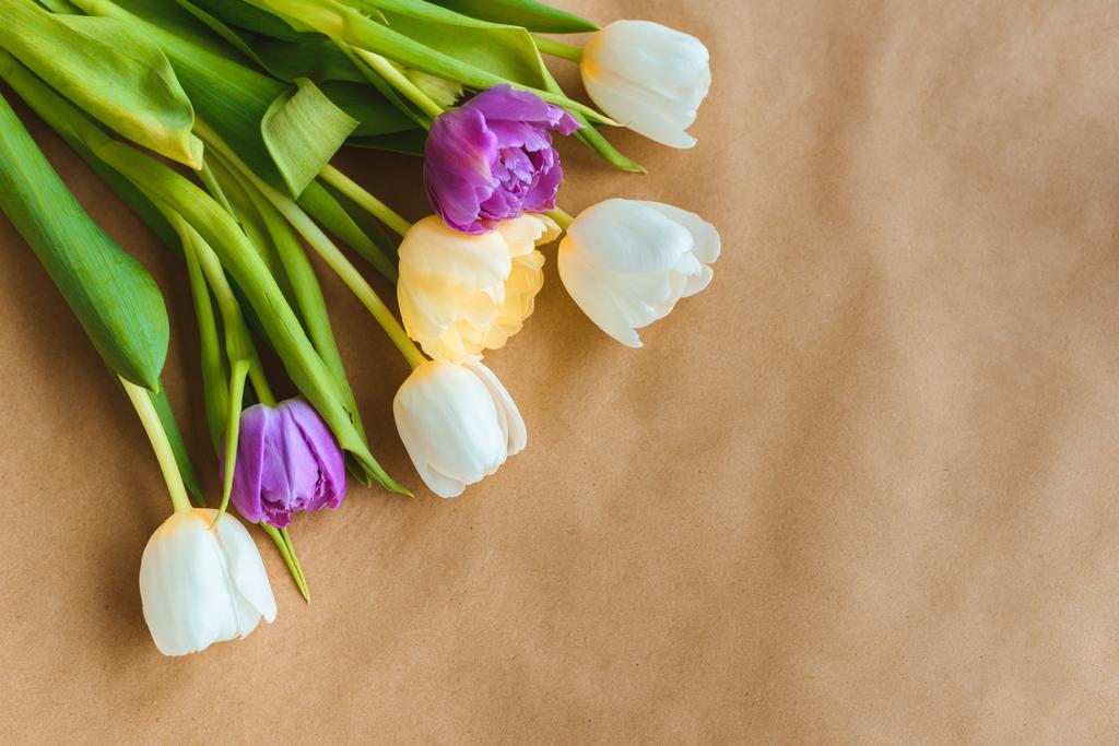 Widok z góry piękny tulipan kwiatów na ręczniki papierowe - Zdjęcie, obraz