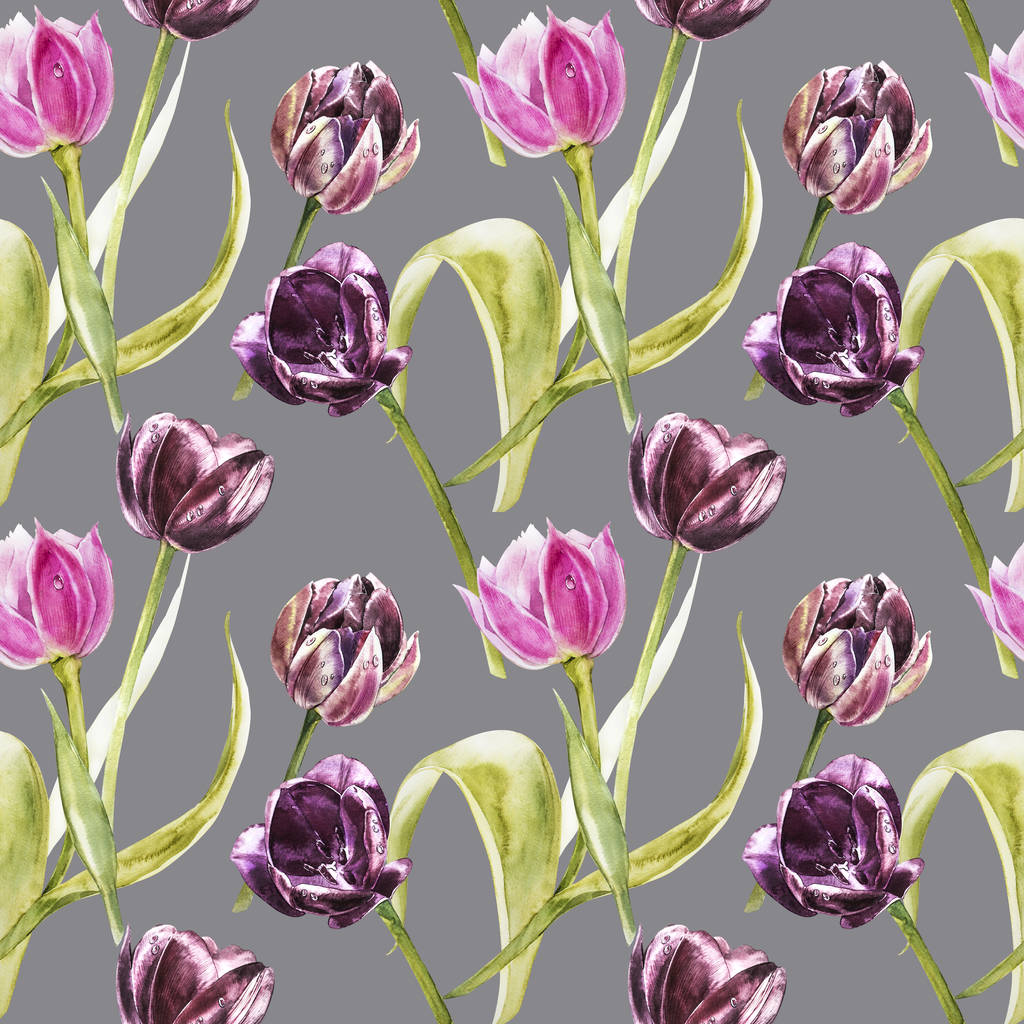Flowers of Tulips. Watercolor hand drawn botanical illustration of flowers. Seamless pattern. - Photo, Image