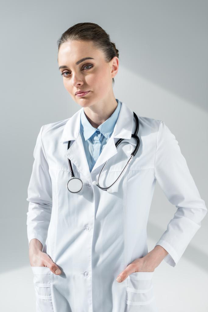 красивая женщина-врач в пальто со стетоскопом, смотрящая в камеру
 - Фото, изображение