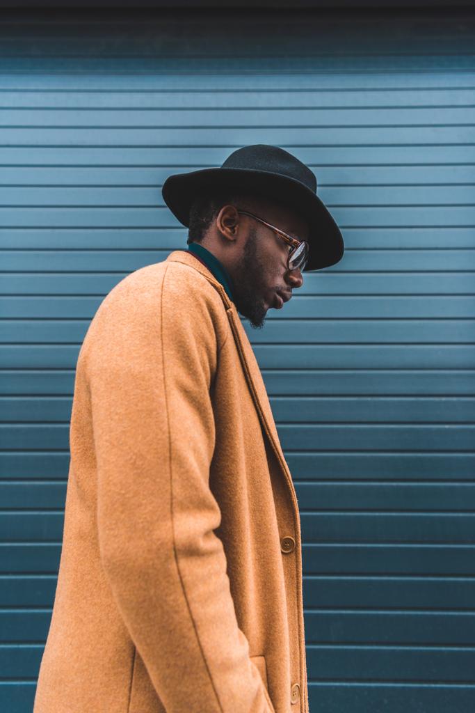 Seitenansicht des stilvollen jungen afrikanisch-amerikanischen Mannes mit Hut und Mantel, der draußen spaziert - Foto, Bild