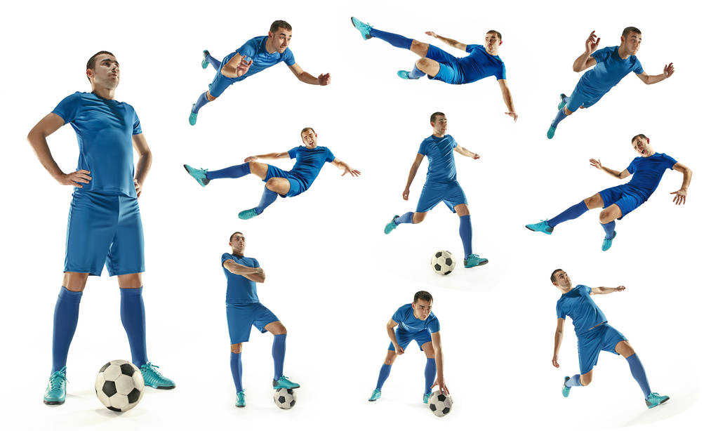 分離されたボールの白い背景を持つプロのサッカー サッカー選手 - 写真・画像