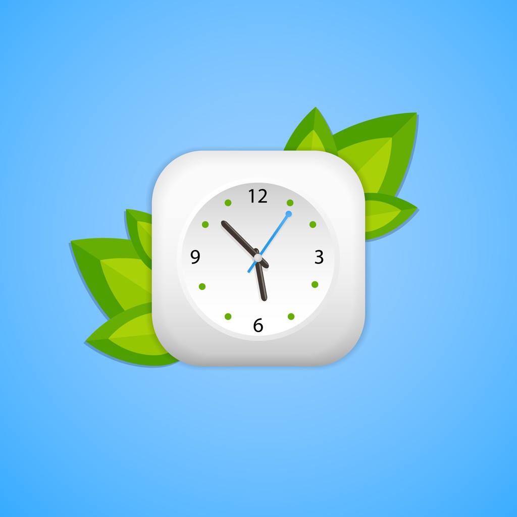 hodiny a zelené listy, které jsou umístěny na modrém pozadí - Vektor, obrázek