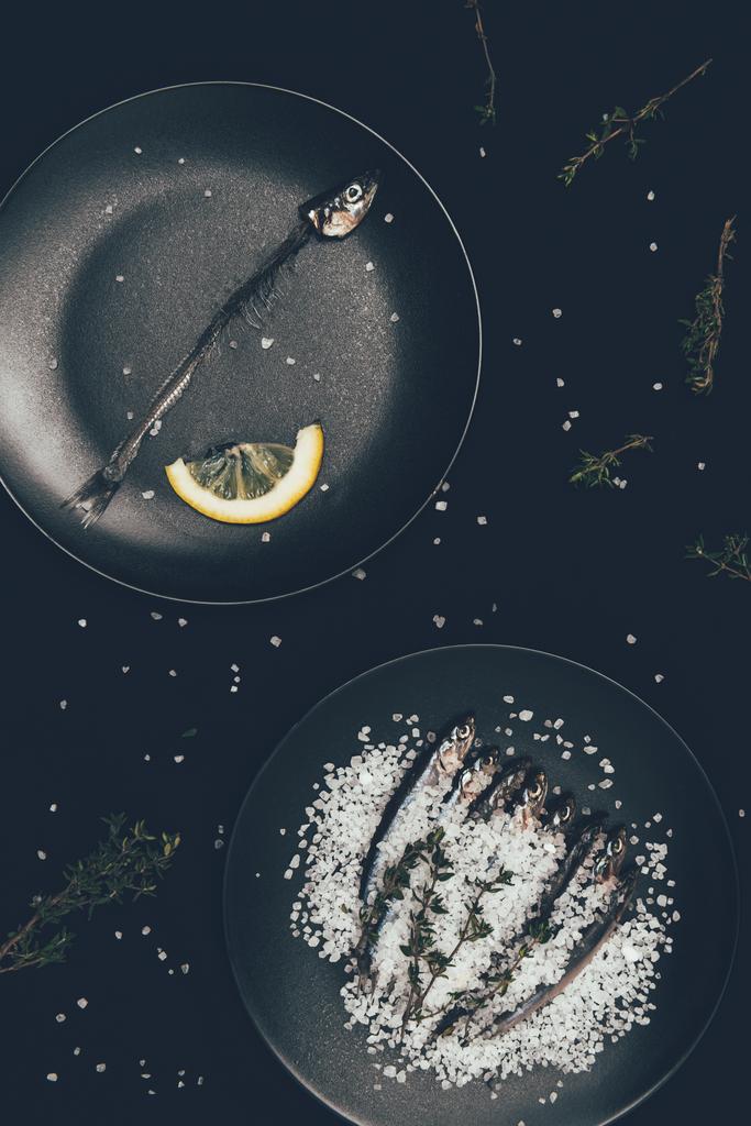 Frying pan with skeleton of fish with lemon slice and other frying pan with salted pile of fish surrounded by rosemary isolated on black - Photo, Image