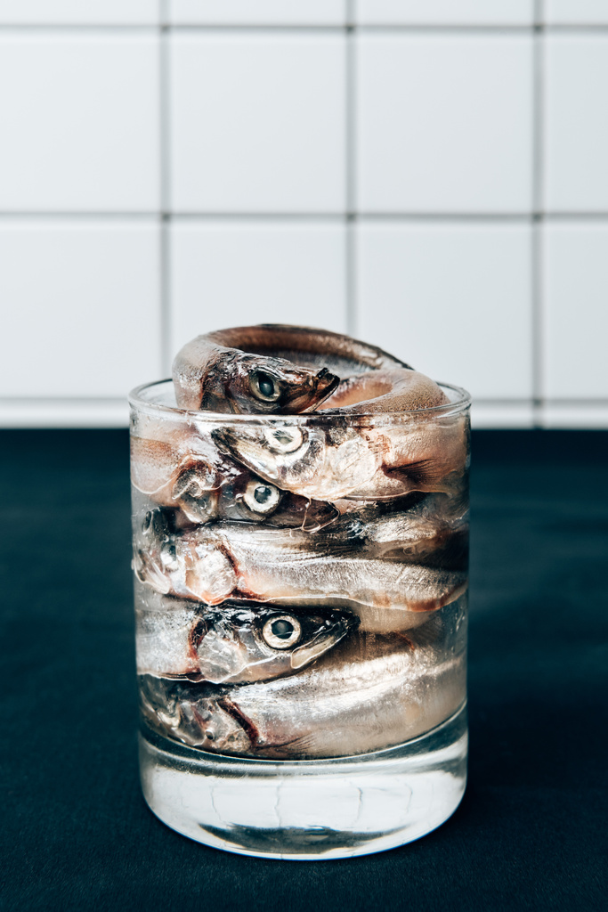 Etunäkymä kasa suolattua kalaa lasissa
 - Valokuva, kuva
