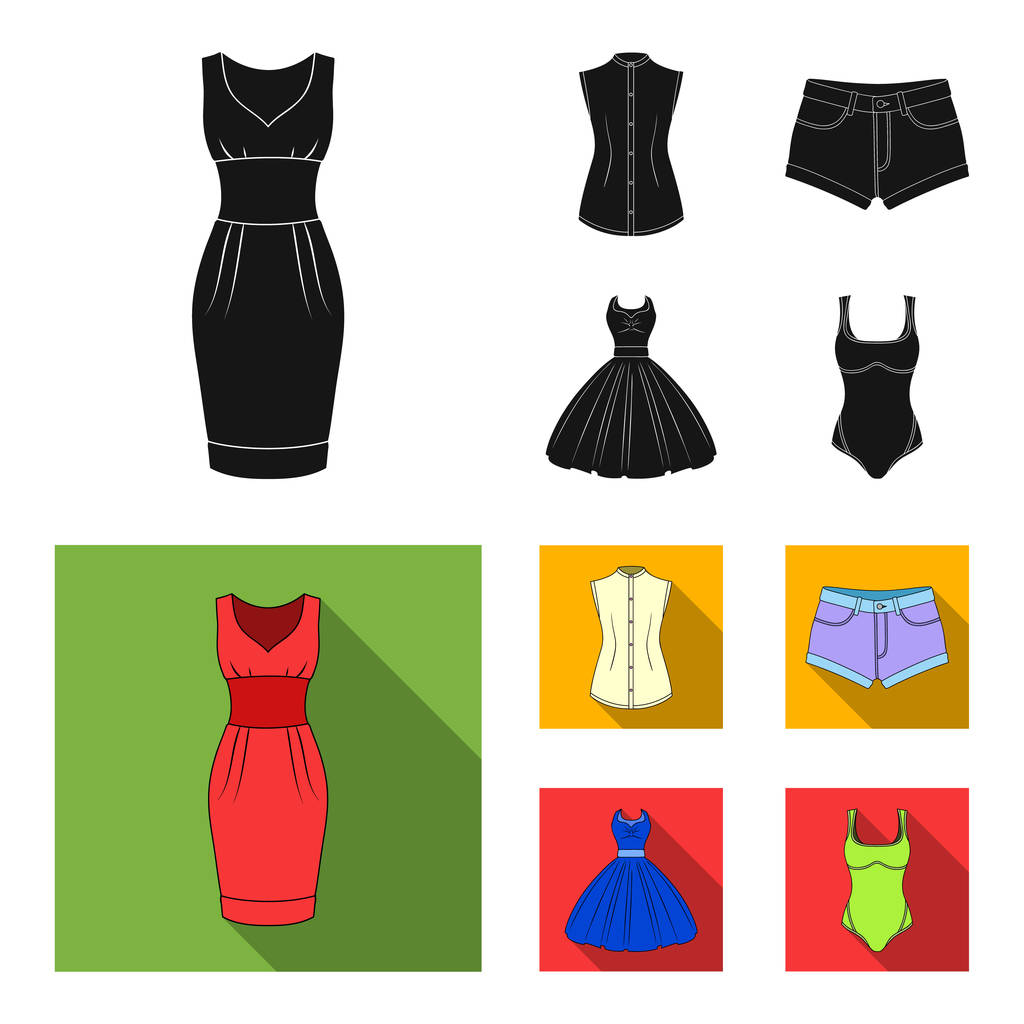 Mujer Ropa negro, iconos planos en la colección de conjuntos para design.Clothing Variedades y accesorios vector símbolo stock web ilustración
. - Vector, imagen