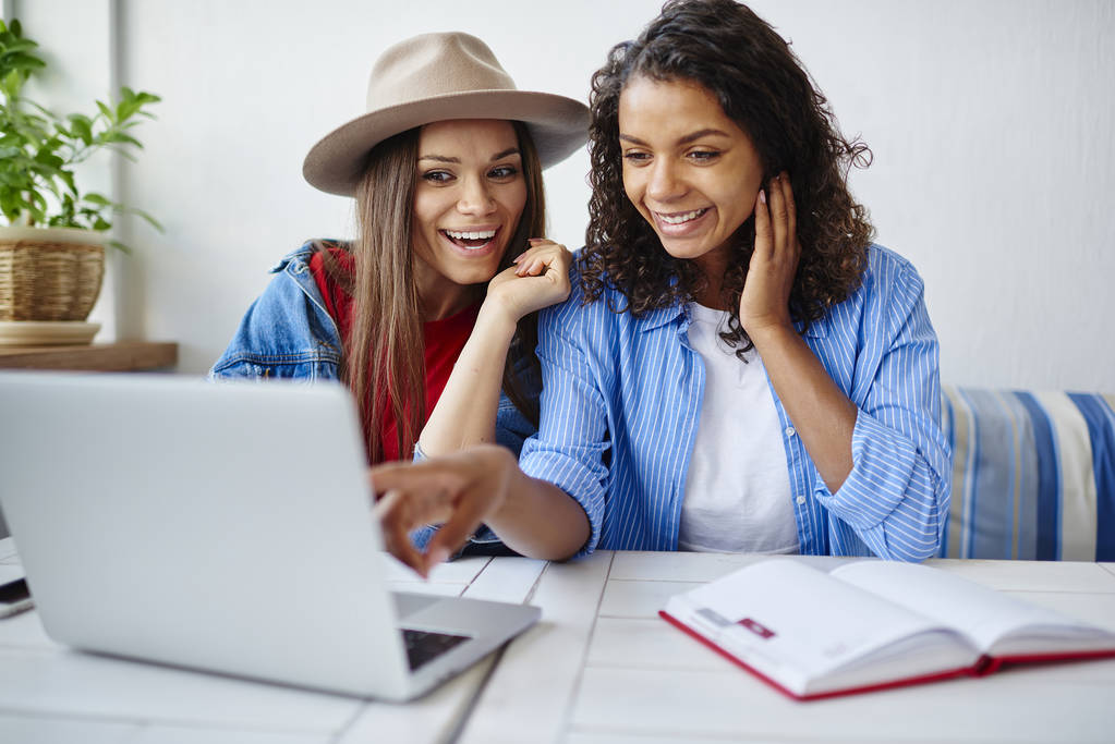 Cheerful african american woman pointing on netbook showing funny pictures from social networks to her best friend,smiling multiracial hipster girls watching movie on laptop computer during leisure - Photo, Image