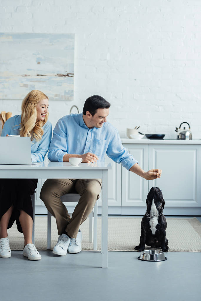 Muž a žena, pití kávy a hrát s jejich psem od kuchyňského stolu s notebookem - Fotografie, Obrázek