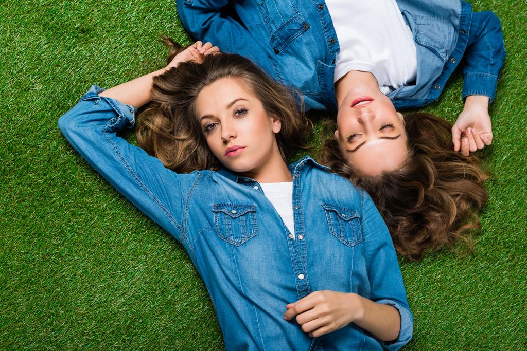 pohled shora atraktivních mladých dvojčat leží na zelené trávě - Fotografie, Obrázek