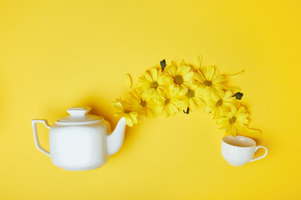 Crisântemos amarelos derramando em xícara de vaso branco isolado no amarelo
 - Foto, Imagem