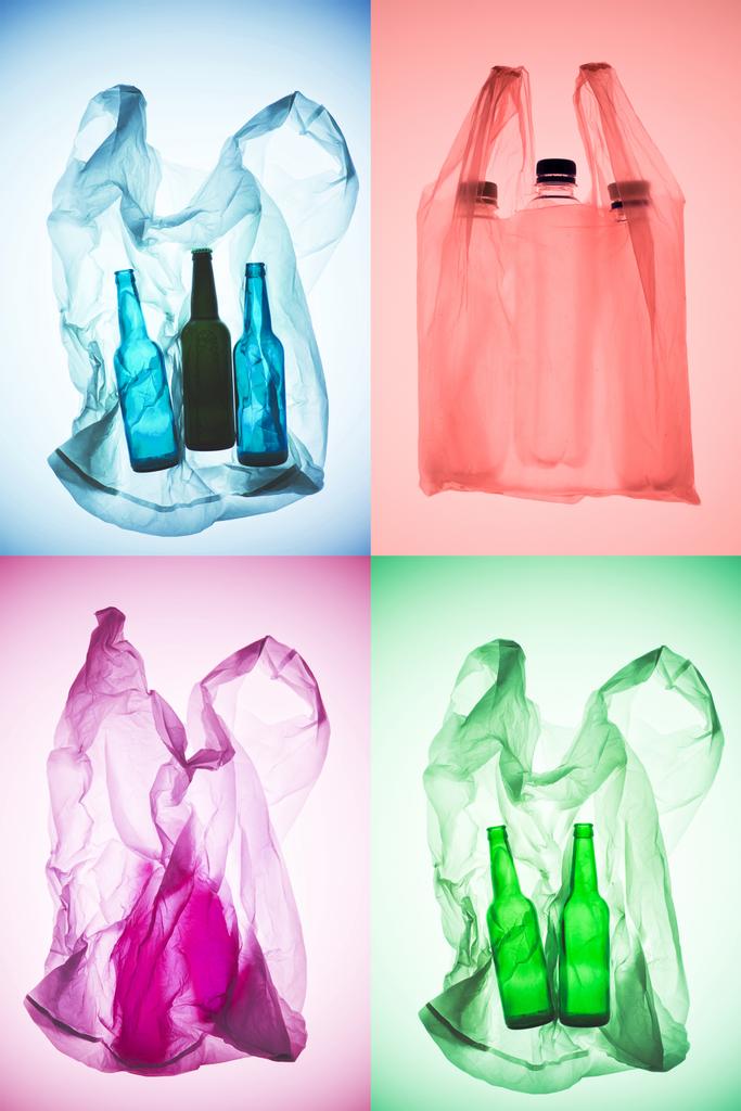 collage creativo de varias bolsas de plástico de colores con botellas
 - Foto, imagen