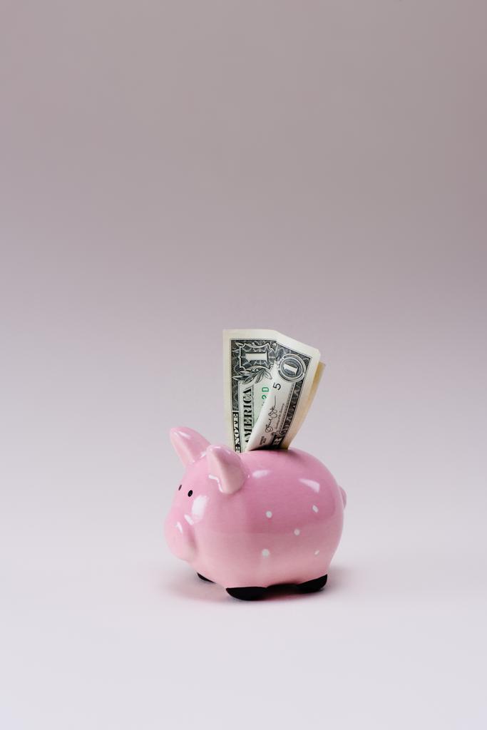 vista de cerca de la alcancía rosa con billetes de dólar aislados en lila
 - Foto, Imagen