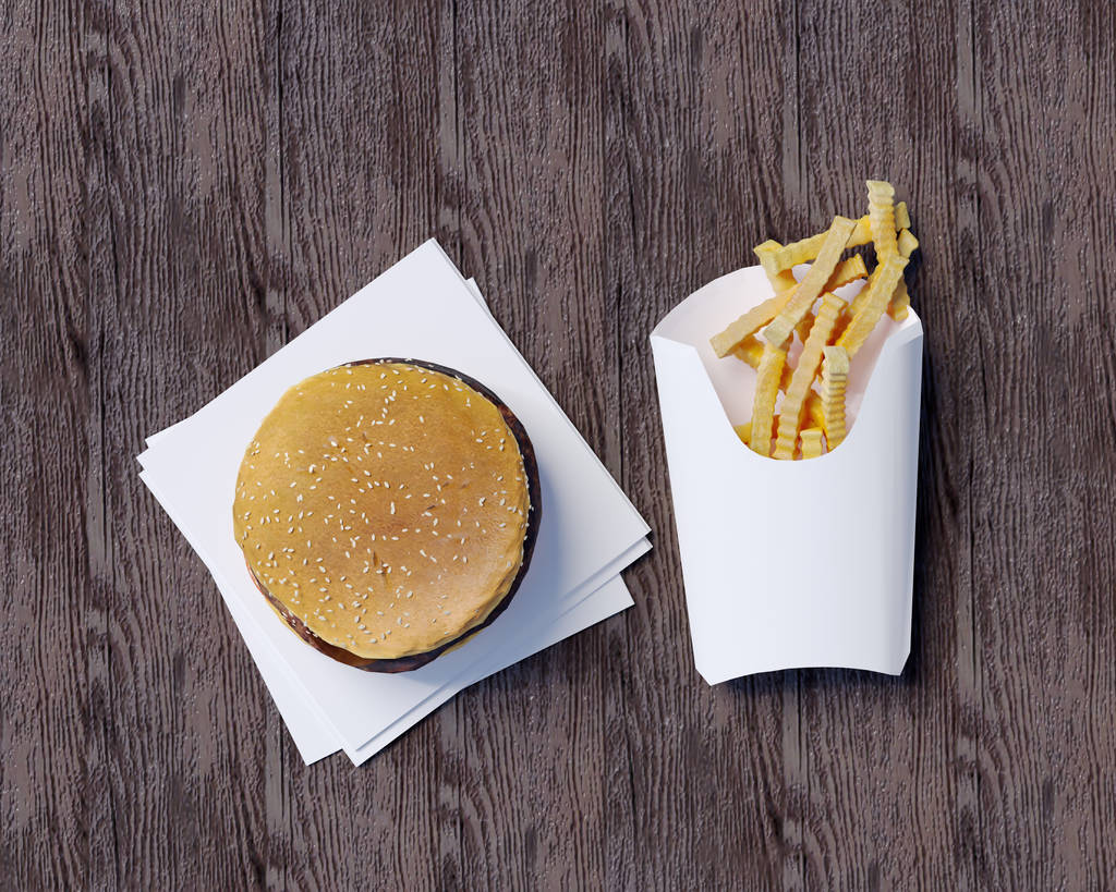 Fast food identidade mock up 3d ilustração estacionária, artigos de papelaria, estilo, tomar, modelo, para cima, branco
   - Foto, Imagem