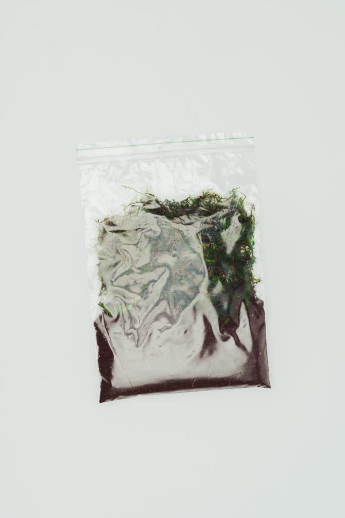 vue du dessus du sac en plastique ziplock avec des plantes séchées et du sol isolé sur blanc, concept de jour de terre
 - Photo, image