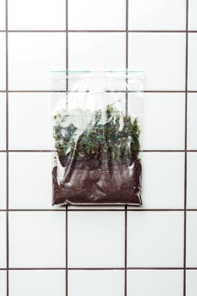 ziplock műanyag zacskó a talaj és a növények csempe falon, föld napja koncepció - Fotó, kép