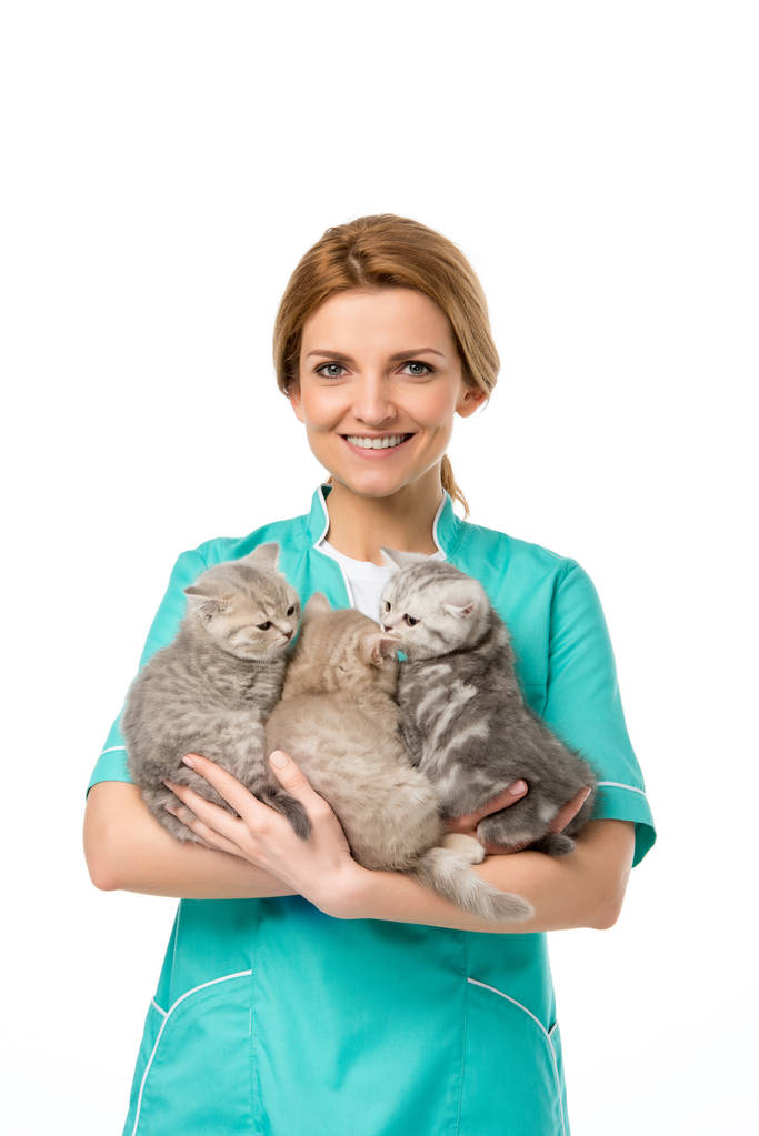Tierarzt hält entzückende Kätzchen und lächelt in die Kamera isoliert auf weiß - Foto, Bild