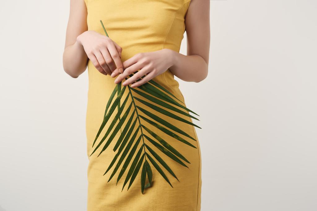 przycięte zdjęcie kobiety w żółtej sukience z gałązką Palmową na białym tle - Zdjęcie, obraz
