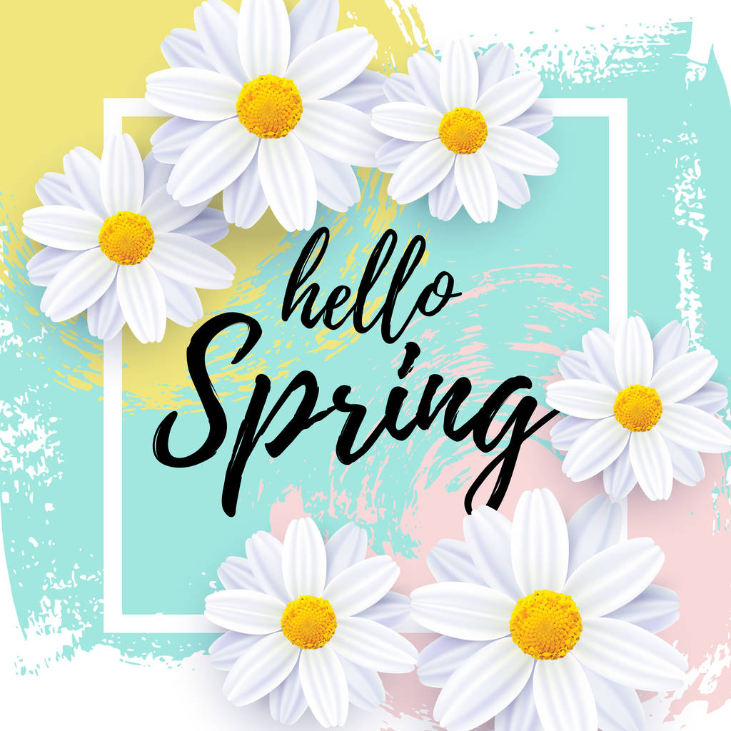 Ilustração do vetor, Olá Primavera cartão de saudação com flores realistas e mão desenhada fundo abstrato
. - Vetor, Imagem