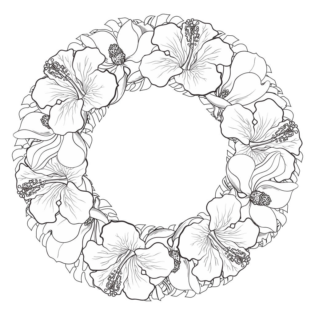 Тропические цветы в эскизе линии цветочный состав в виде круга изолированы на белом фоне
. - Вектор,изображение