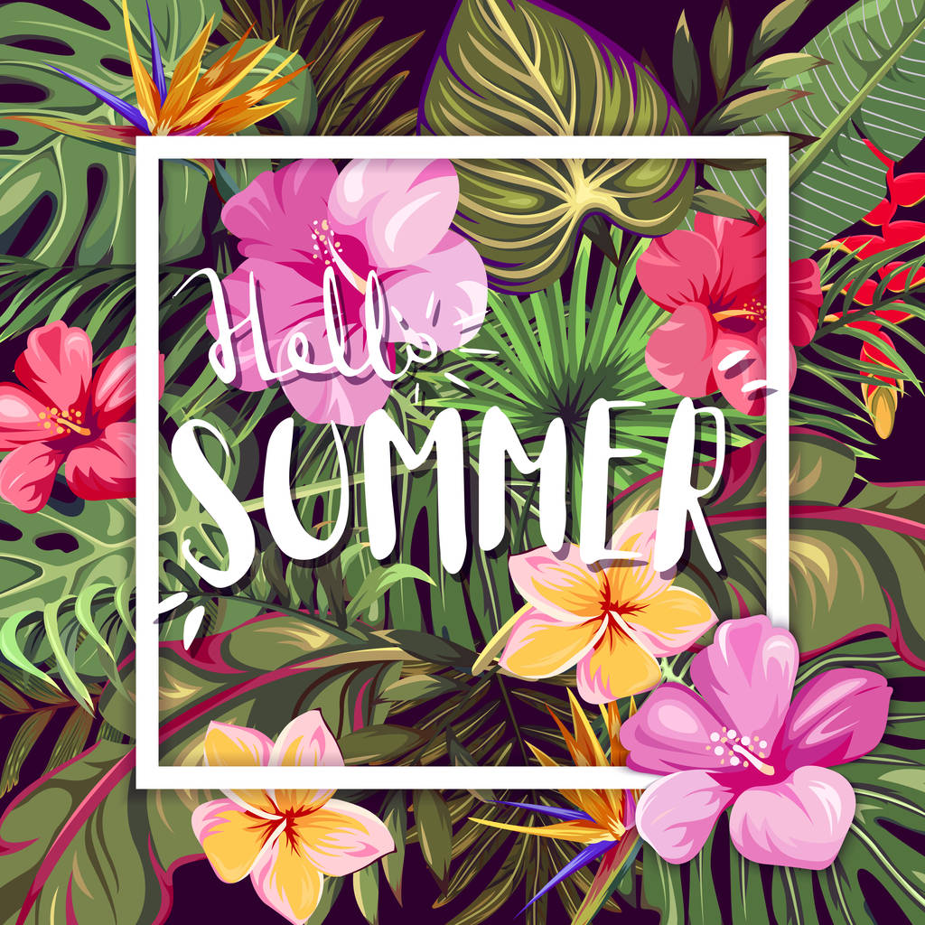 Helló nyár. Háttérrel, egzotikus virágok és trópusi levelek szögletes - Vektor, kép