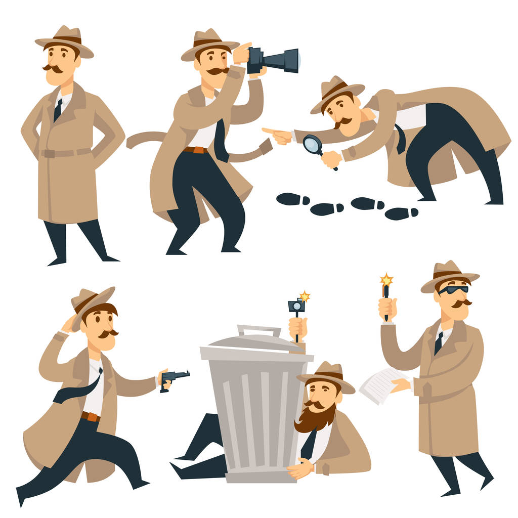 Detective man on investigation. Vector cartoon man character in detective coat, hat and glasses with gun investigates looking for evidence and crime traces or criminal footprints - Vector, Image