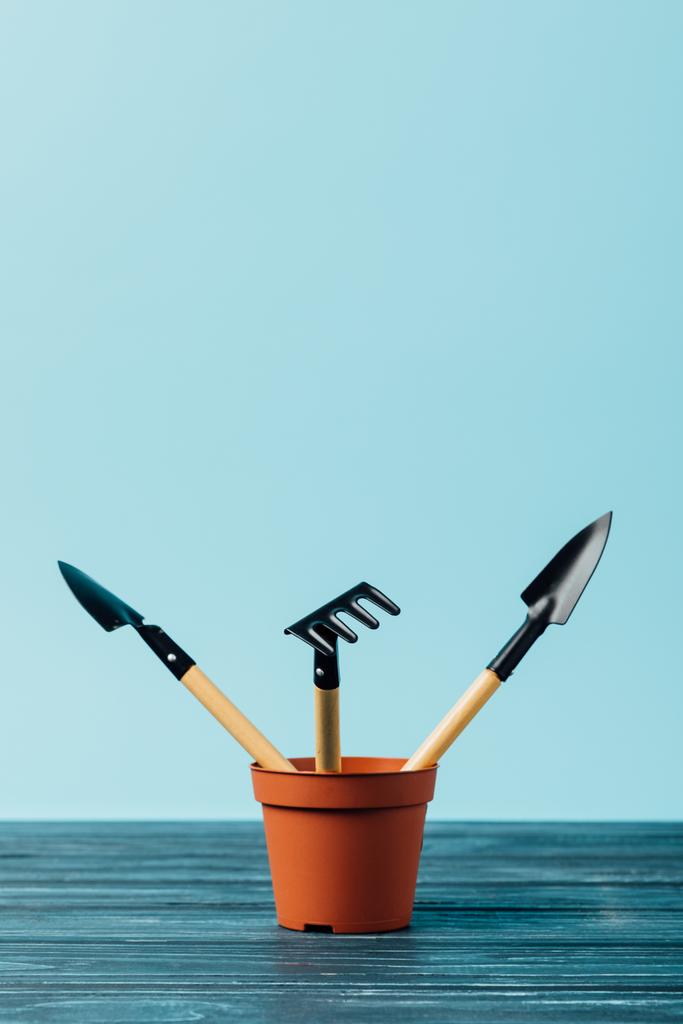 close up view of gardening tools in flowerpot on wooden tabletop on blue - Photo, Image