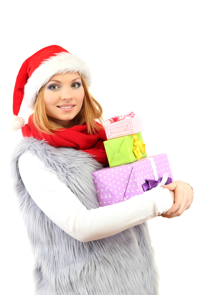 Привлекательная молодая женщина с рождественскими подарками, изолированная на белом
 - Фото, изображение