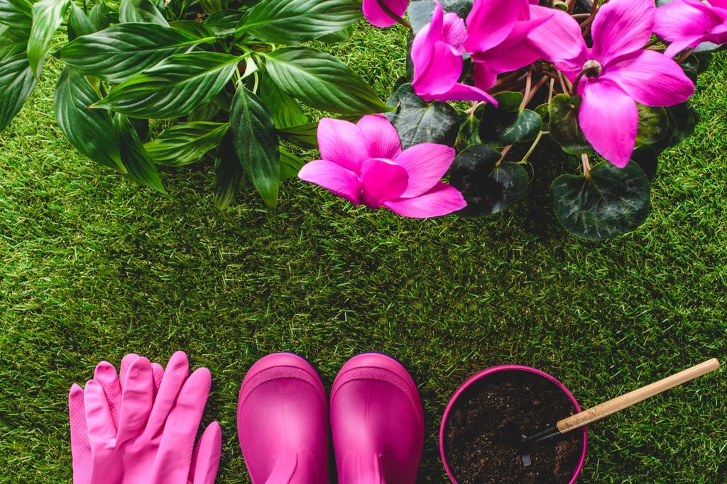 top view of protective gloves, rubber boots, flower pot with hand rake and flowers on grass - Photo, Image