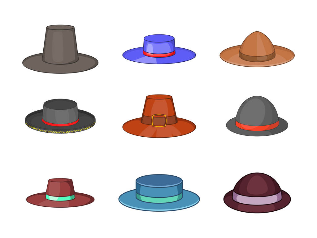 Set di icone per cappello Porkpie, stile cartone animato
 - Vettoriali, immagini