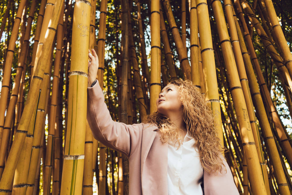 jovem atraente desfrutando da primavera, andando no parque e posando perto das árvores de bambu
 - Foto, Imagem